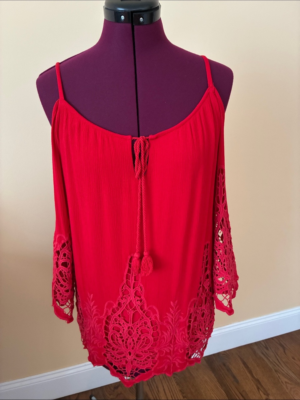 INC International Concepts Red Cold-Shoulder Crochet-Hem Tunic Top, size M